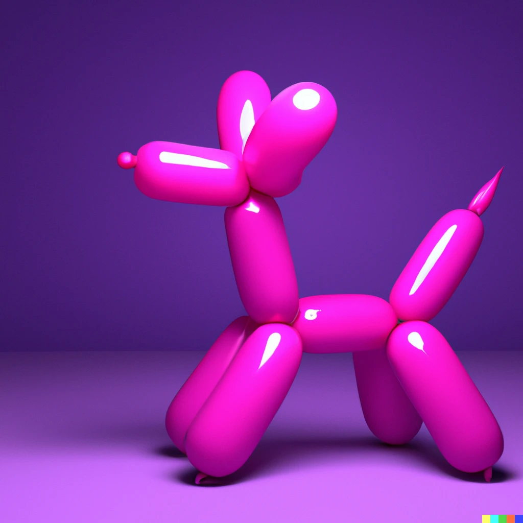 3D render of a pink balloon dog in a violet room Hannah Design